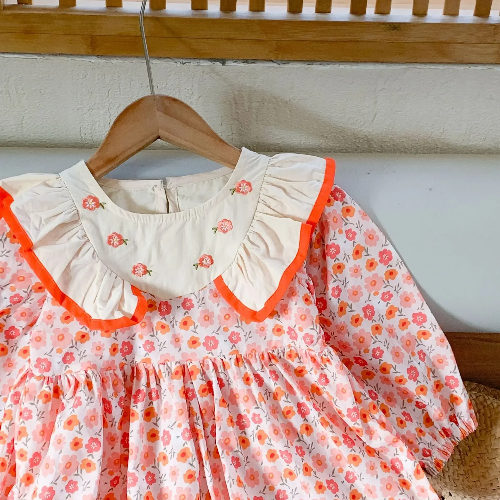 Korean Style Spring Autumn Baby Girls Princess Dresses Orange Flower Print White Turndown Collar A-line Dresses