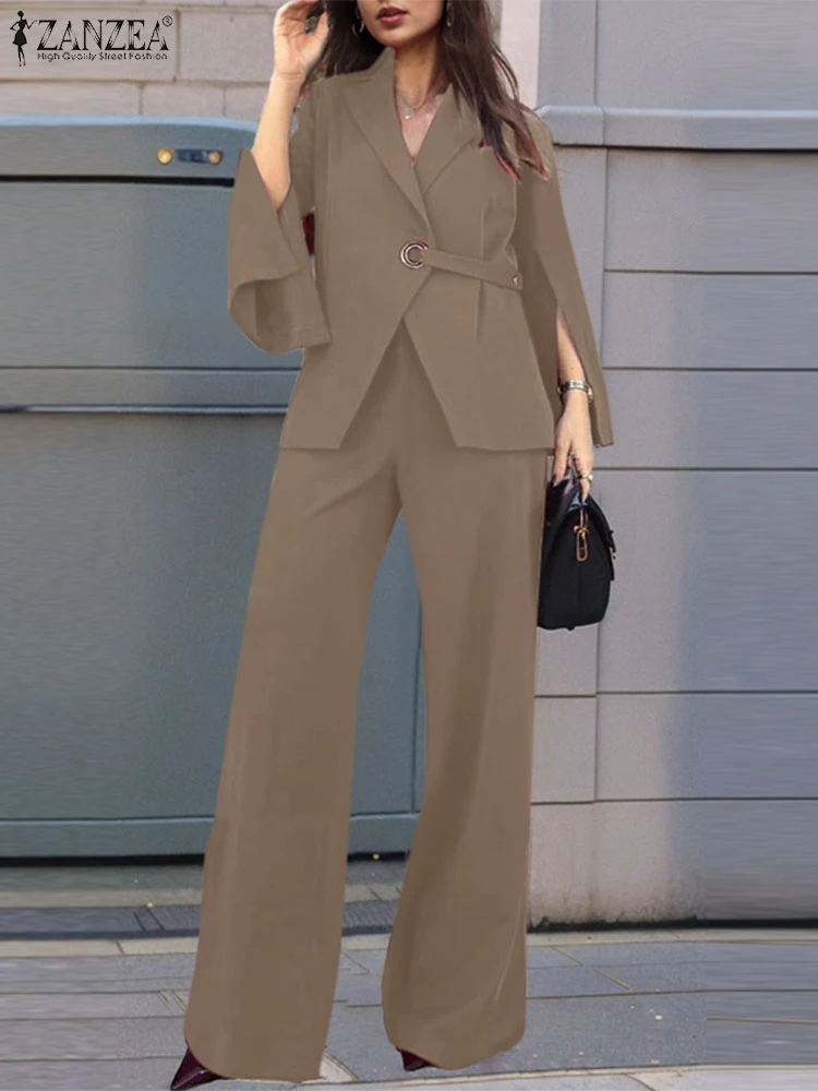 ZANZEA Office Lady Elegant 2-Pieces Sets Waistband Wide Leg Trouser Slit Long Sleeve Blazer Fashion Pant Sets Solid Women Suits