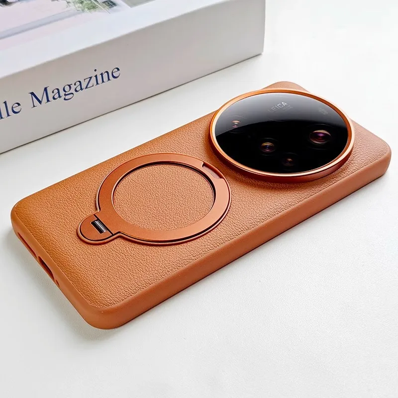 

Чехол для Xiaomi Mi 15 Ultra, роскошный чехол из искусственной кожи с кольцевой подставкой, магнитный защитный чехол для Xiaomi Mi 14 Ultra Shell