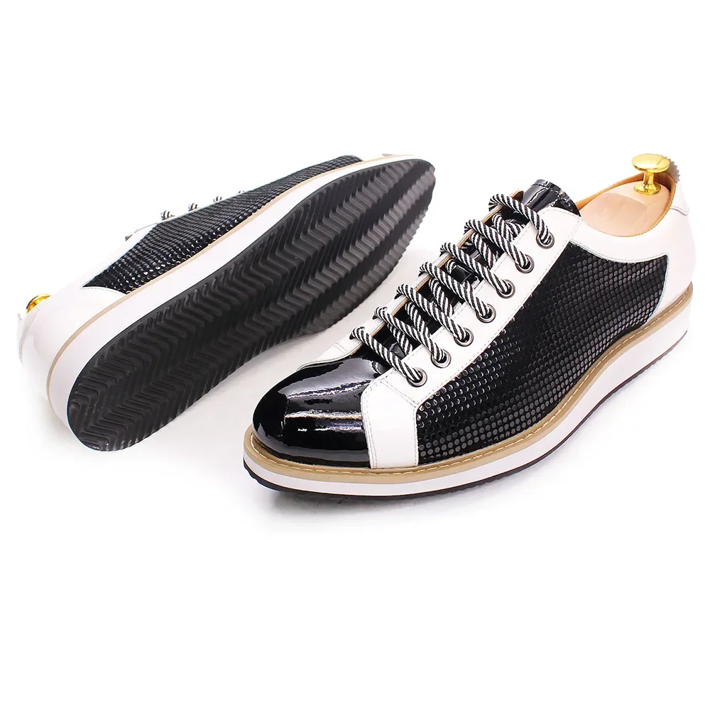 Luxury Brand Large Size Men's Flat Sneakers 6 to 13 Patent Leather Lace-up Black White Casual Shoes for Men