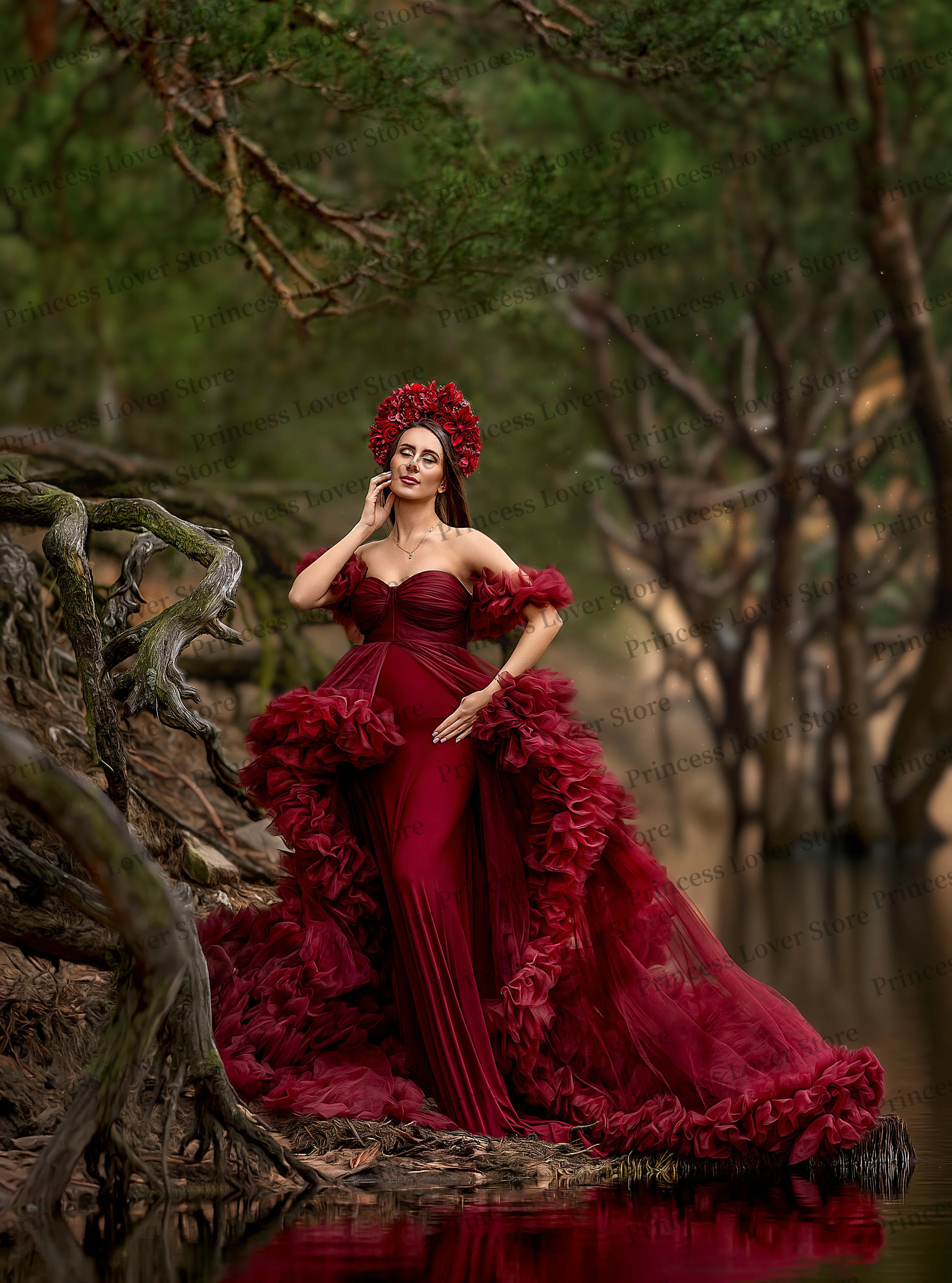 Burgundy Prom Dresses Floor Length Stretchy Maternity Photoshoot Dress Tiered Ruffles Baby Shower Gown Customized
