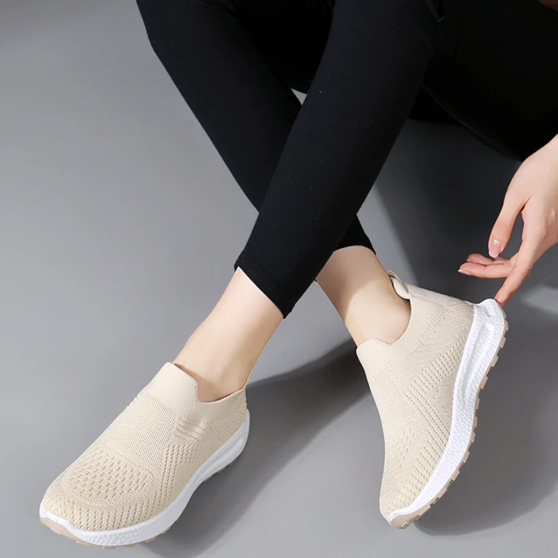 Women\'s Casual Vulcanized Shoes Fashion Mesh Elastic Knitted Sneakers Women Flat Ladies Slip on Female Footwear Feminino Zapatos