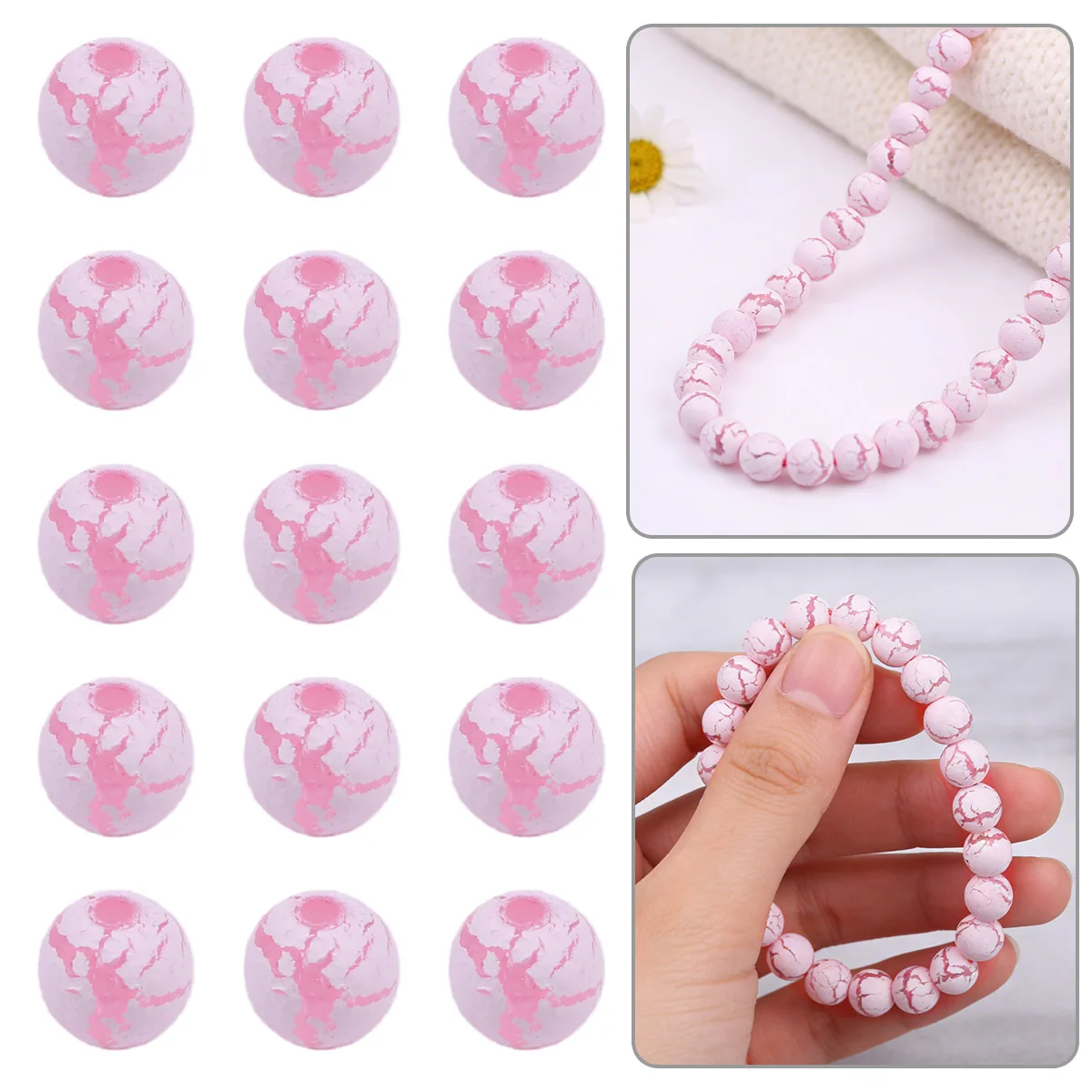 

100-300pcs 8mm Pink Color Cracked Acrylic Perforated Round Bead Large Hole Beads for DIY Bracelet Necklace Bead Accessories