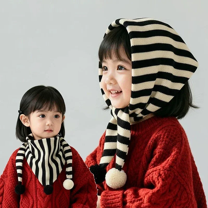 Fashion Triangle Scarves Kids Scarf Baby Striped Shawl Winter Boys Girls Ear and Neck Warmer Headgear Children Headwrap Knit Hat