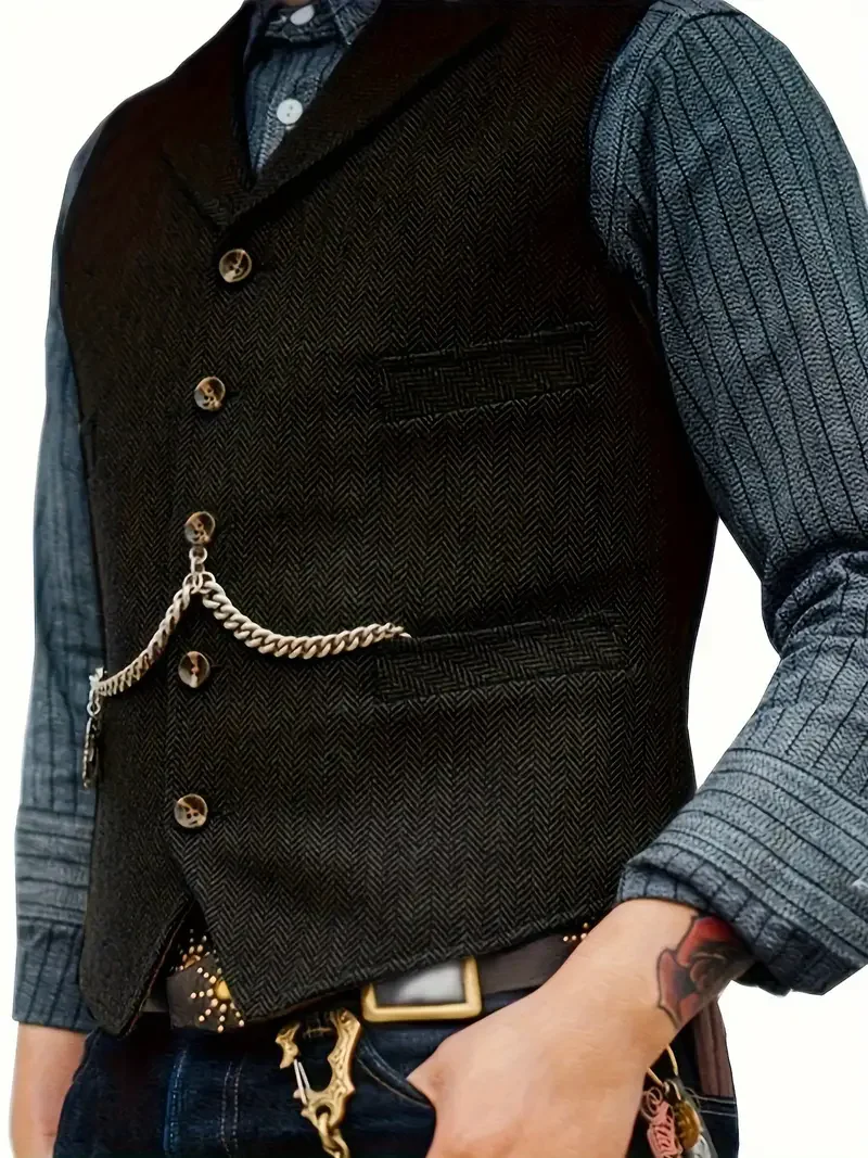 Classic Men's Vest Wedding Wool Tweed Business Waistcoat Jacket Casual Slim Fit Steampunk Vests For Groosmen Man Wedding