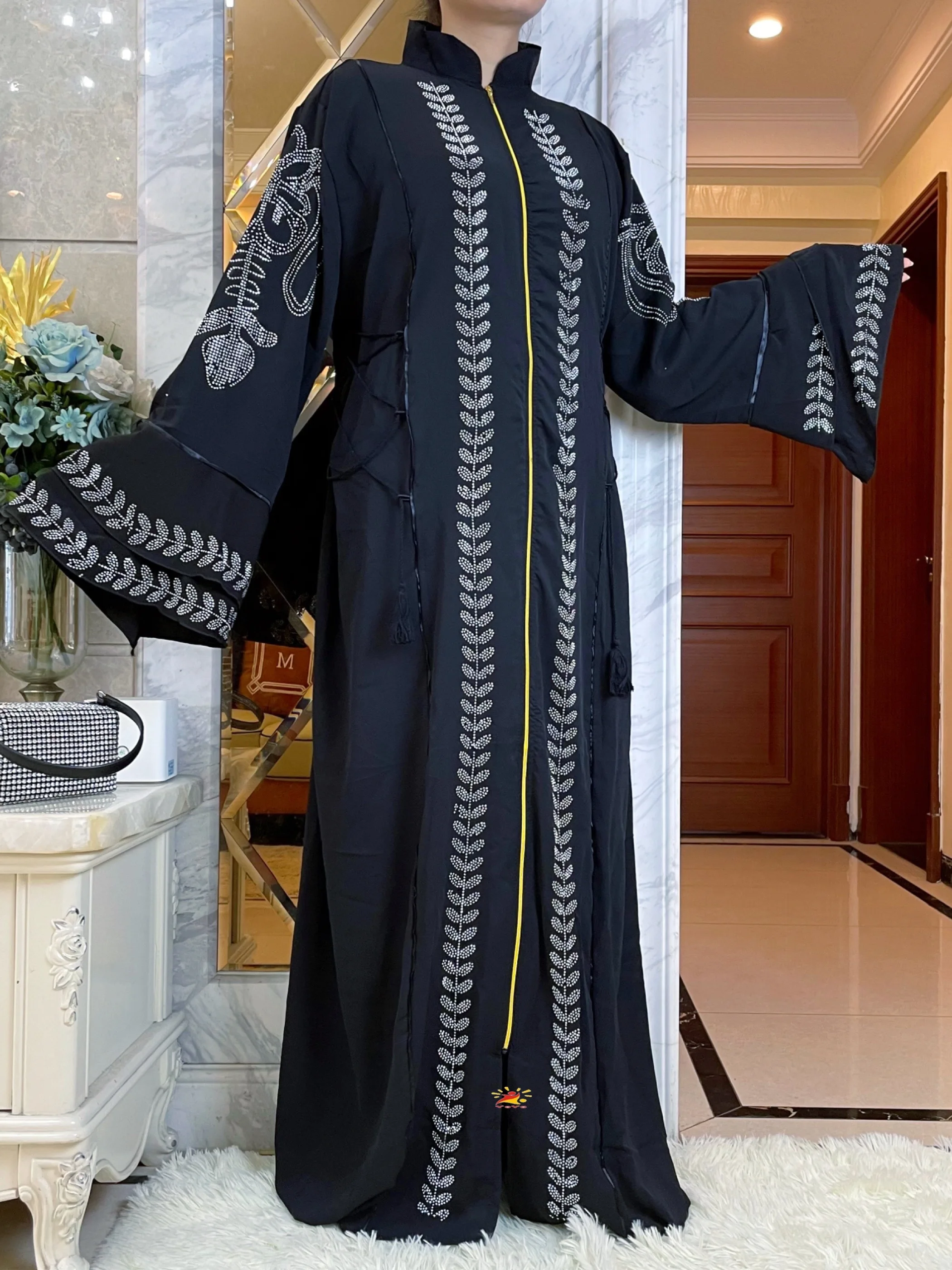 2023New African Spring Design Bazin Chiffon Long Stick Diamonds Sleeve Dashiki Dress  Lady Muslim Middle East Abaya Women Clothe