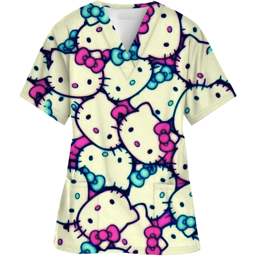 Cartoon Color Blocking Hello Kitty Printed Nurse Scrubs Women Nurse Uniform V-neck Clinic Uniform Hospital Spa T-shirt