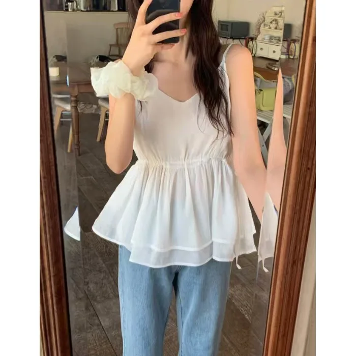 

Женский летний топ Sweet Summer без бретелек с плиссировкой по бокам, V-образным вырезом, двойным слоем и двойным подолом, в корейском стиле, для ношения под одеждой, стандартный крой, повседневный топ