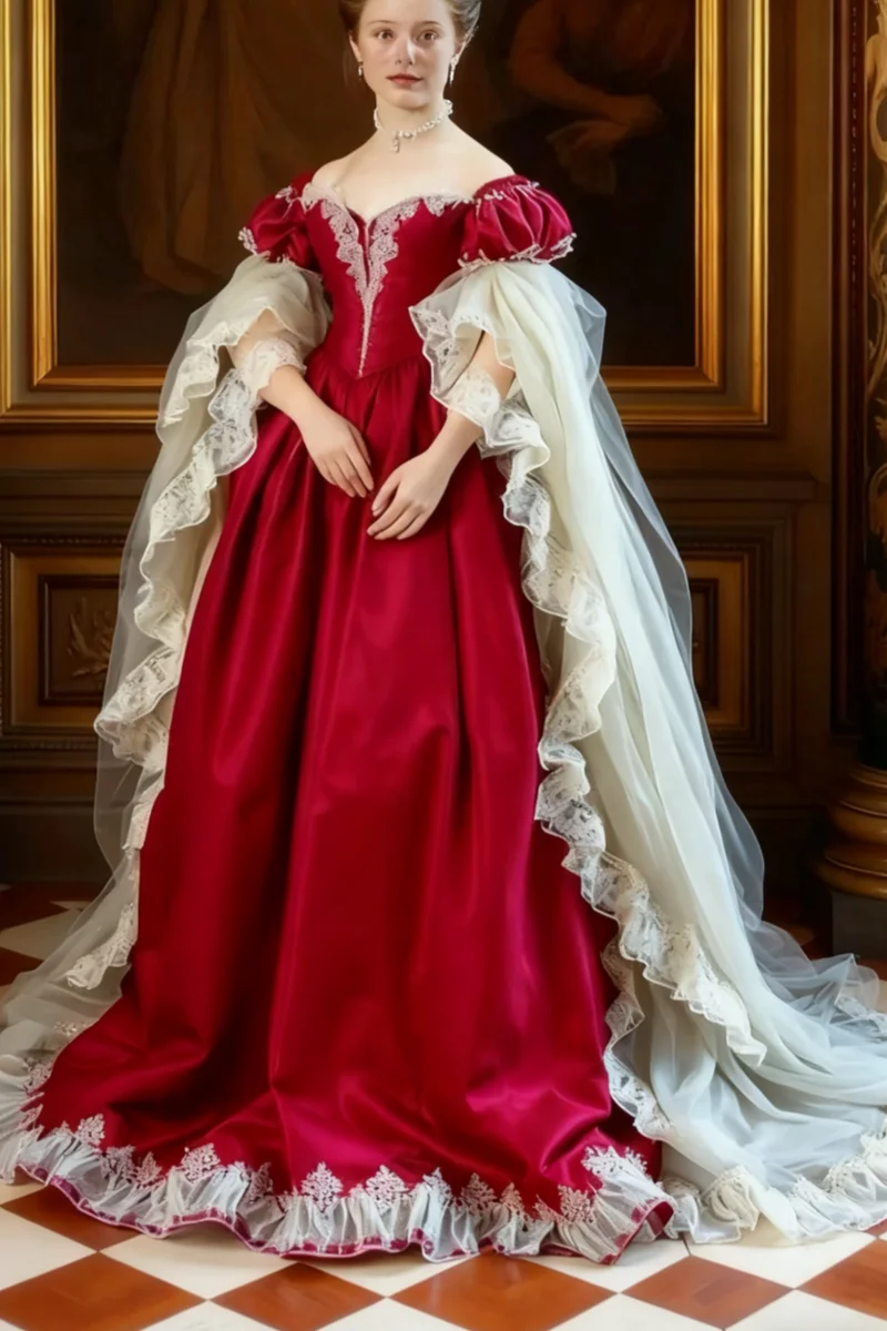 버건디 중세풍 이브닝 드레스, 퀸 메리 스타일 디자인, 오프숄더 디자인, 트레인 레이스 러플 볼 가운, 맞춤 제작
