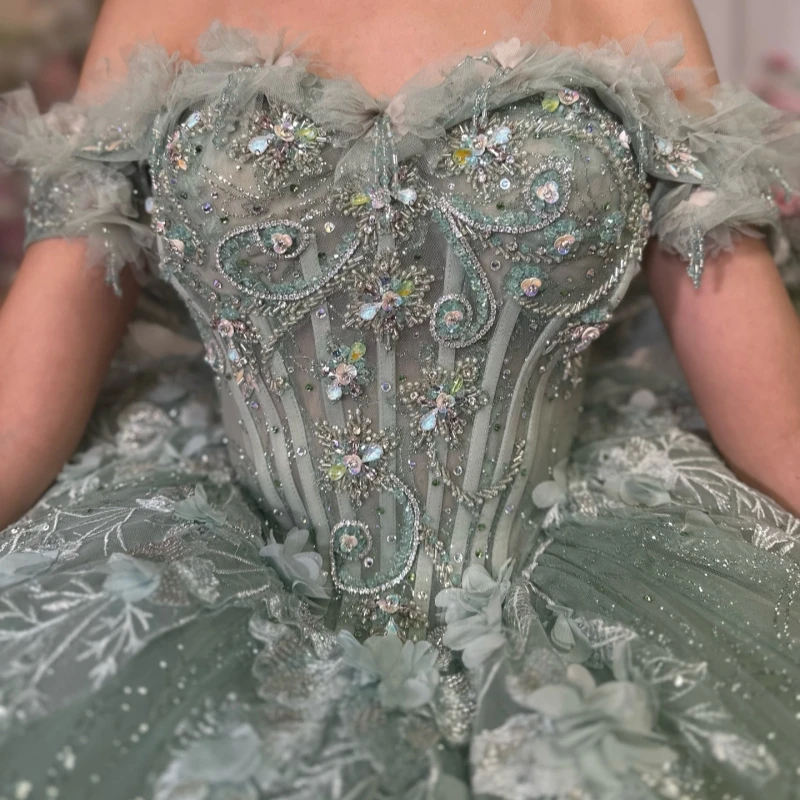 Mint Green Quinceanera Dresses Ball Gown Off The Shoulder Sequin Applique Flower Beading Crystal Tull Corset Sweet 16 Dress Vest