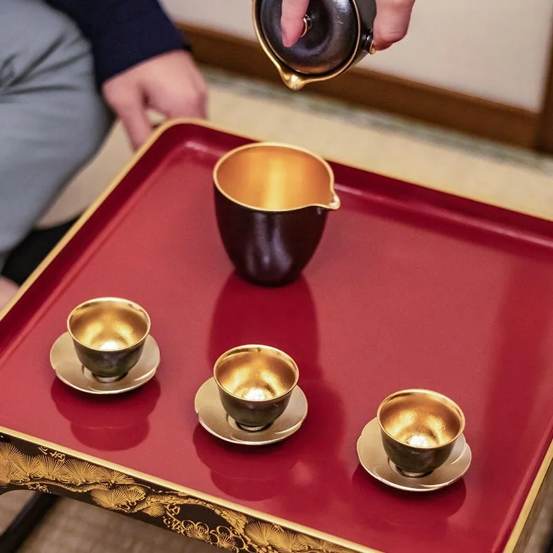 24K peacock glaze gold cup tea bell  tray set three-entry