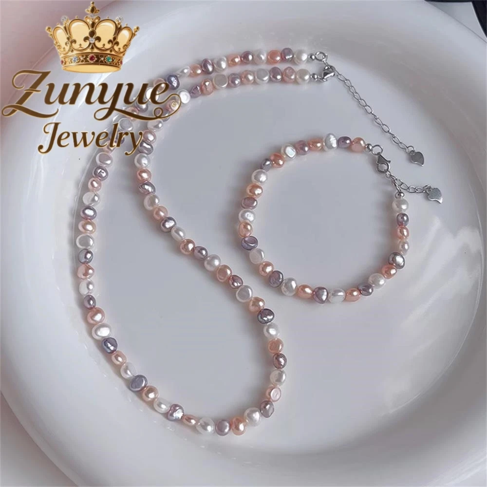 

S925 Silver Dopamine Candy Color Natural Freshwater Baroque Pearl Necklace Accessory Women's Collarbone Chain Fashion Jewelry