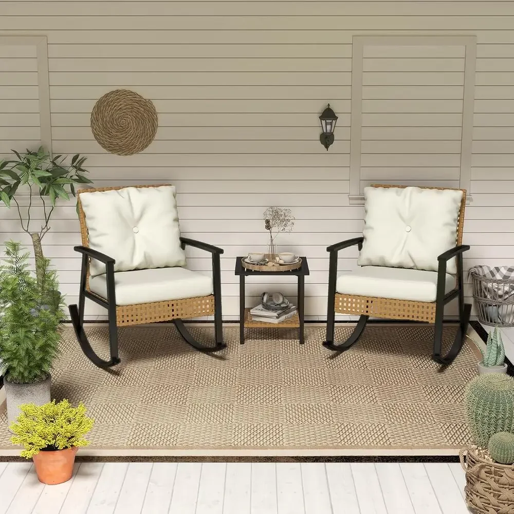 3-Piece Cushioned Outdoor Rocking Chair Set with Coffee Table for Patio, Balcony, or Garden