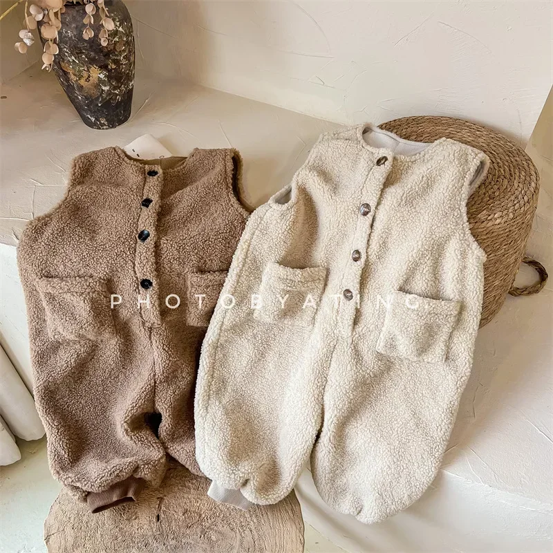 Korean Winter Baby Boy Girl Clothes Children Warm Lamb Jumpsuit Thicken Warm Fleece Pants Trousers Toddlers Kids Casual Overalls