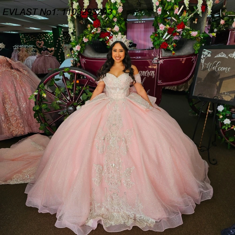 فستان Quinceanera وردي سباركلي مخصص من EVLAST فستان حفلة مزين بالترتر والدانتيل مطرز بالخرز الحلو 16 فيستدوس دي 15 أنوس E1QN674