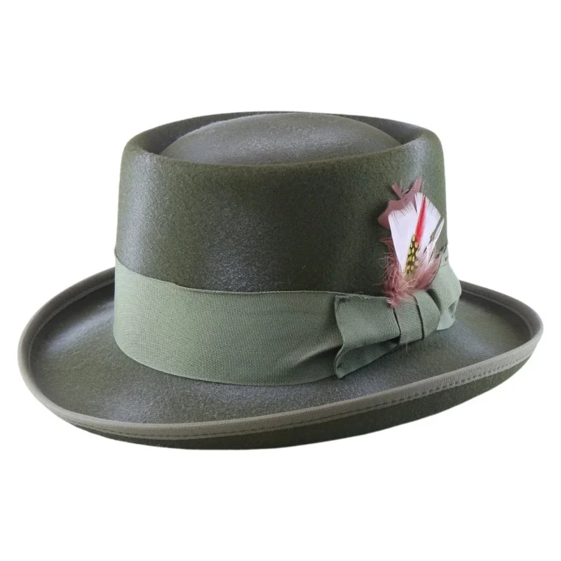 Fall/Winter Feathered Top Hat with Woven Ribbon, Faux Wool Rolled Brim, Tall Hat, Warm Outdoor Shopping Jazz Cap, Retro Felt Hat