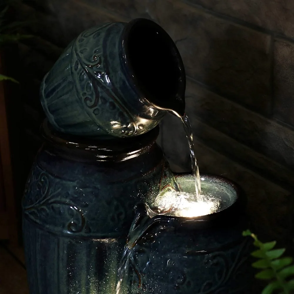 Tour de Vase Ceramic 27-Inch Outdoor Water Fountain - LED Lights - Electric Submersible Pump with Adjustable Flow