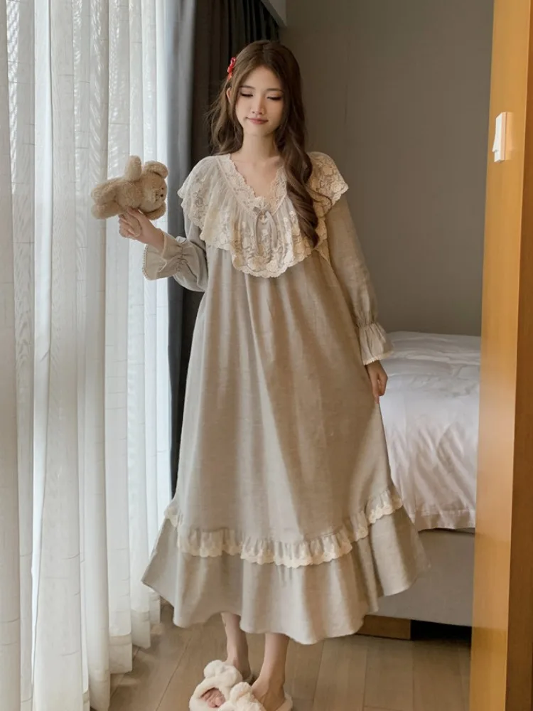 Sweet Court Style Pajama Sets Lace Sexy Sleepwear Women's Spring Autumn Long Skirts Loungewear 2024 New Models Nightgowns