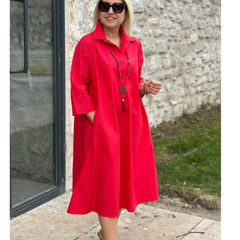 

Elegant Long Sleeve Shirt Dress Pure Color Office Wear Minimalist Lapel Open Front Tunic Stylish And Versatile Women Fashion