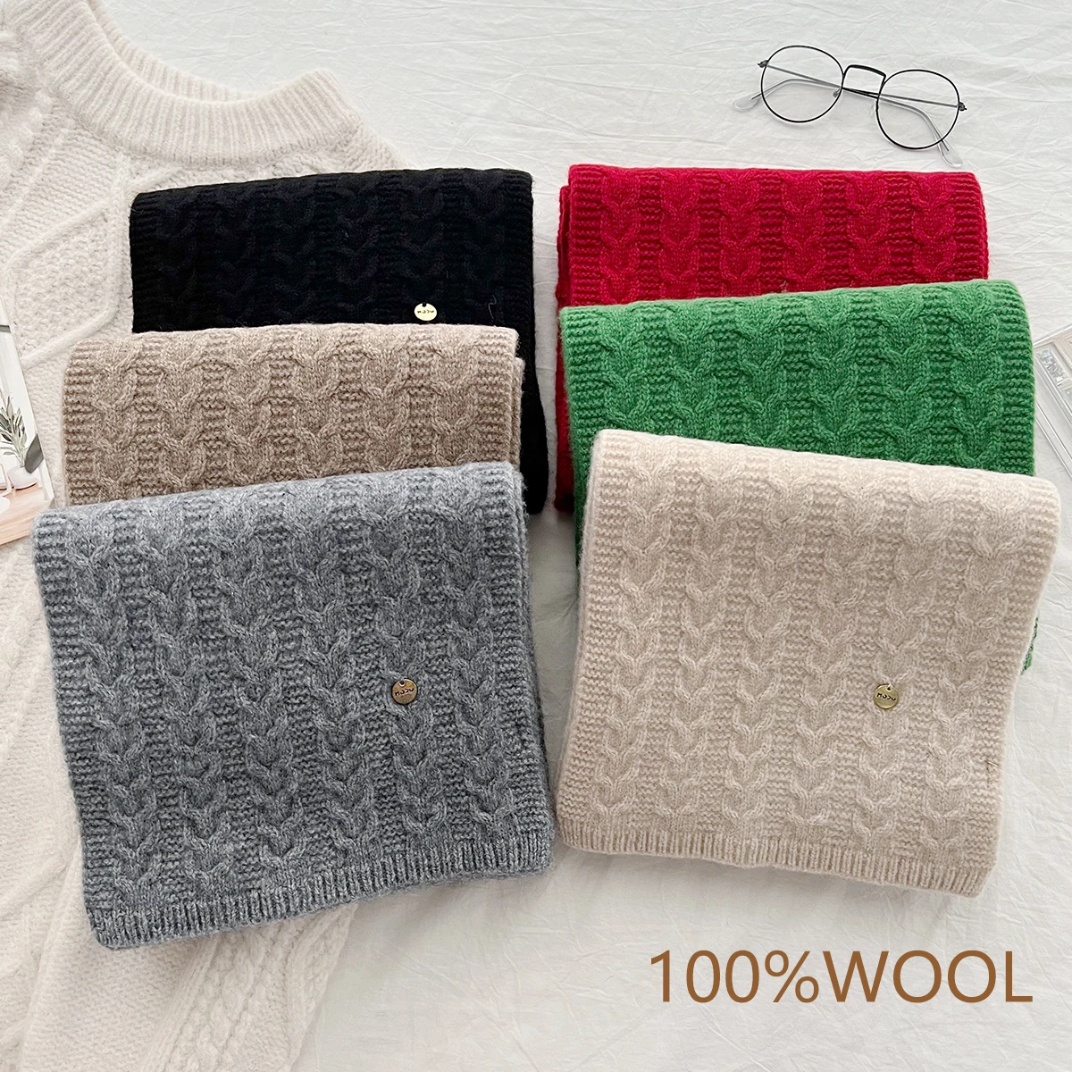 2024 New 100% Wool Scarf Winter Hot Selling Solid Color Knitted Scarf Universal Warm Scarf Holiday Gift