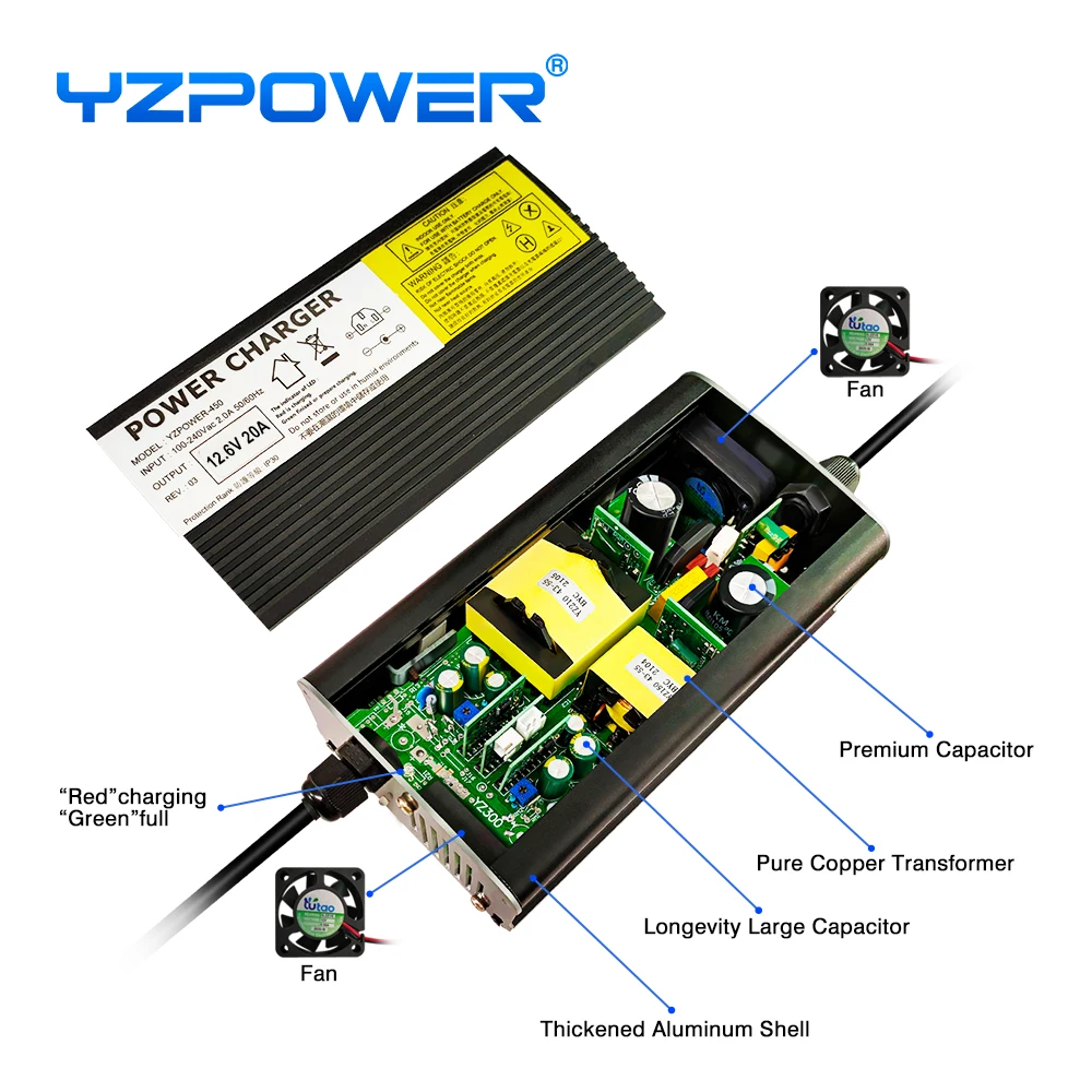 Yzpower 12,6 V 20A ładowarka do akumulatorów litowych 3S 12 V wejście ładowarki 110-240 V AC szybkie ładowanie z wentylatorem chłodzącym