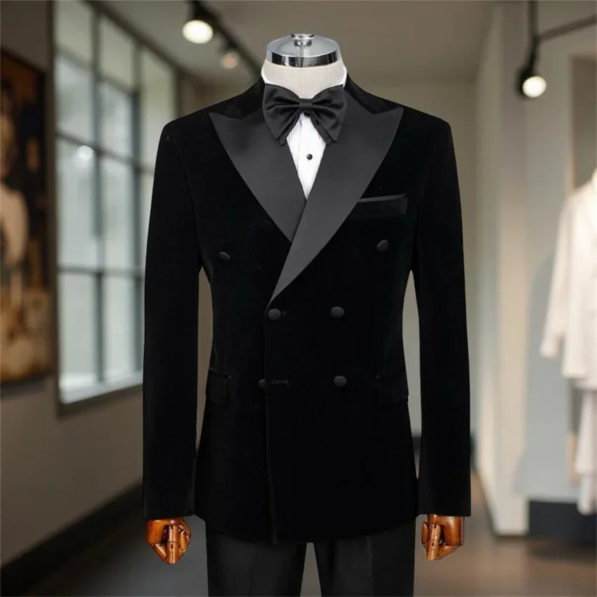 

Velvet Double Breasted Wedding Tuxedo for Groom Slim Fit Suits for Men Pom 2 Pieces Set Custom Made Italian Style Jacket Pants