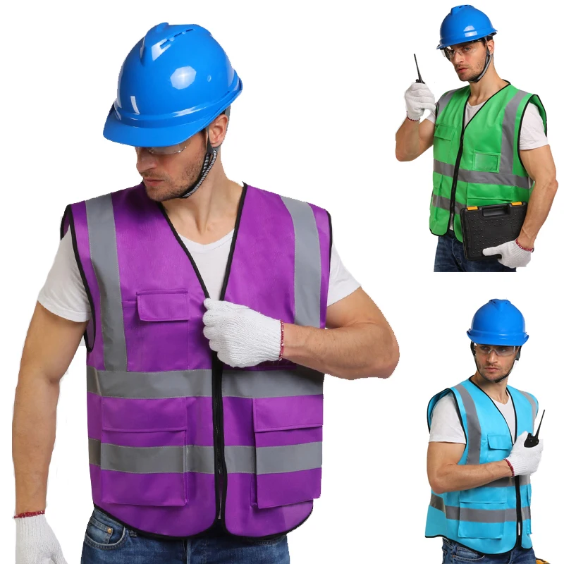 High Visibility Reflective Safety Vest For Men Waistcoat Hi Vis Multi Pockets Workwear Mesh Work Vest Purple