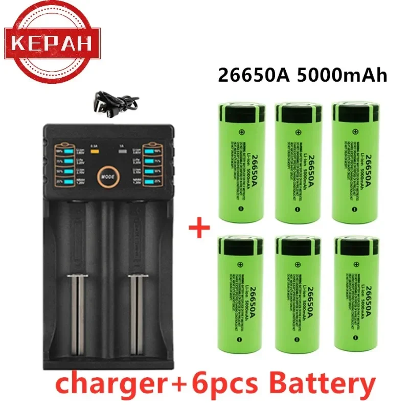 Original high quality 26650 battery 5000mAh 3.7V 50A lithium ion rechargeable battery for 26650A LED flashlight+charger