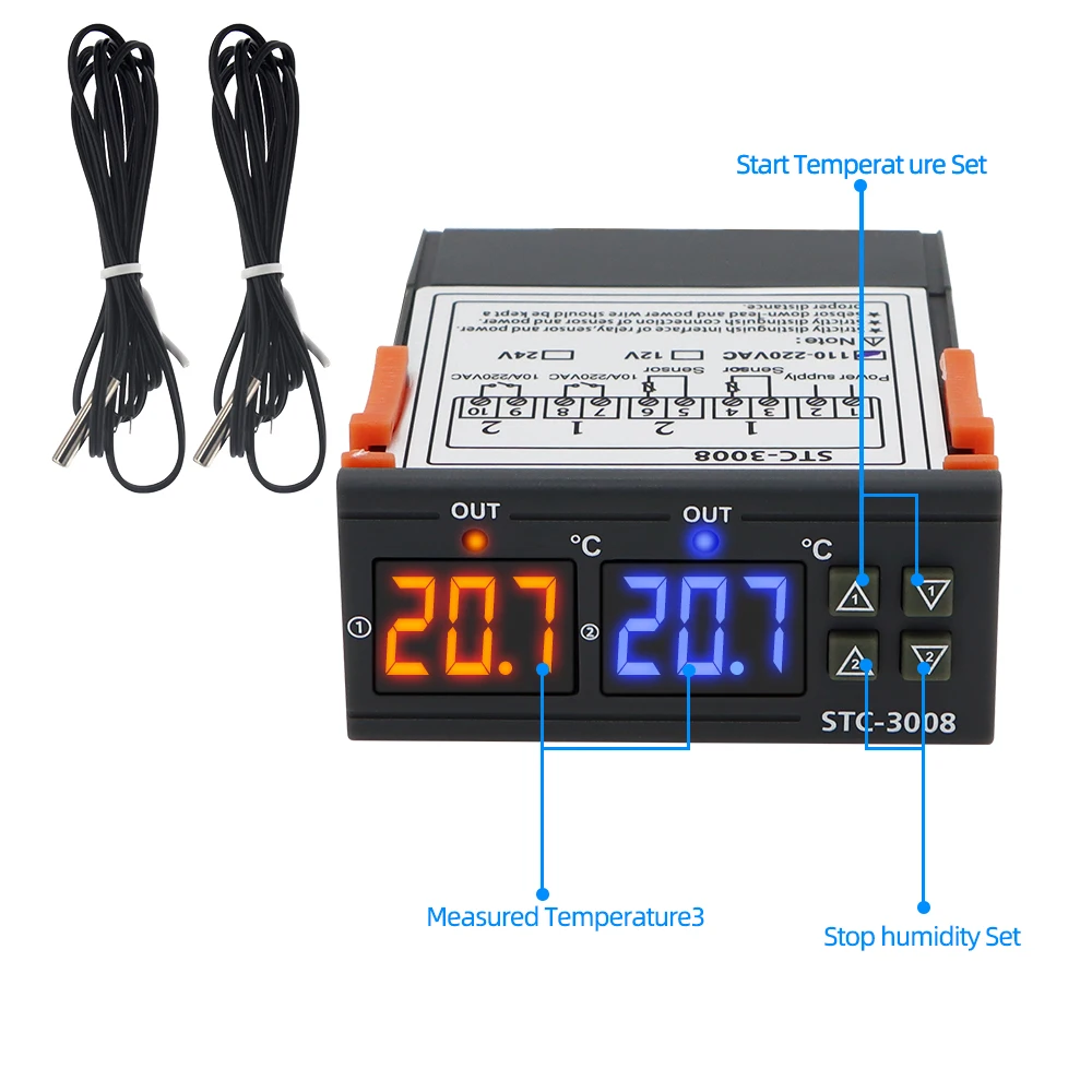 デジタル温度コントローラー,湿度センサー,暖房,デュアルリレー出力,サーモスタット,ac 110v,220v,dc12v,24v,STC-3008