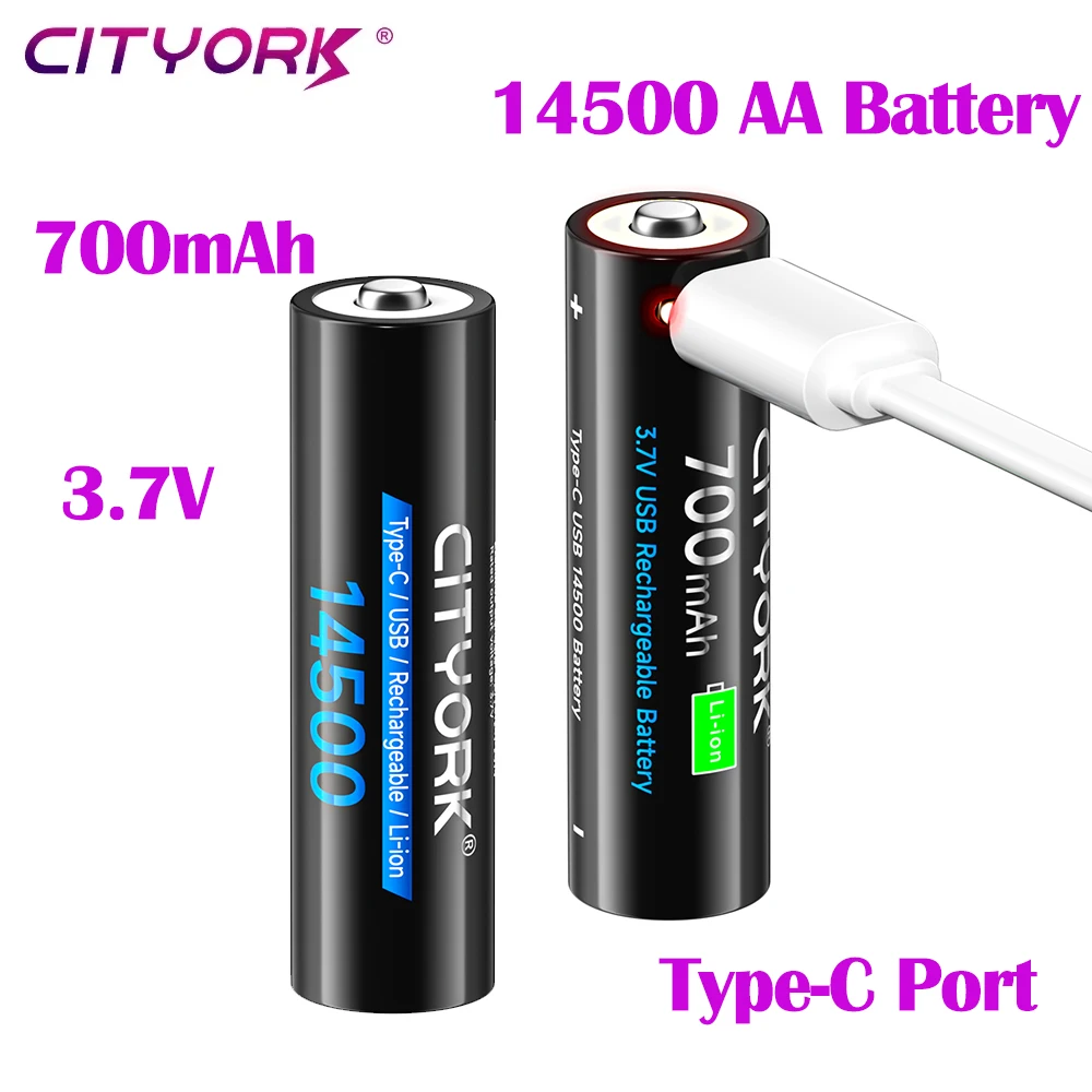 CITYORK 3,7V 14500 AA Wiederaufladbare Batterien 700mAh 14500 Lithium-USB-Akkuzellen für LED-Taschenlampen, Stirnlampen, Fackeln, Mäuse, Spielzeug
