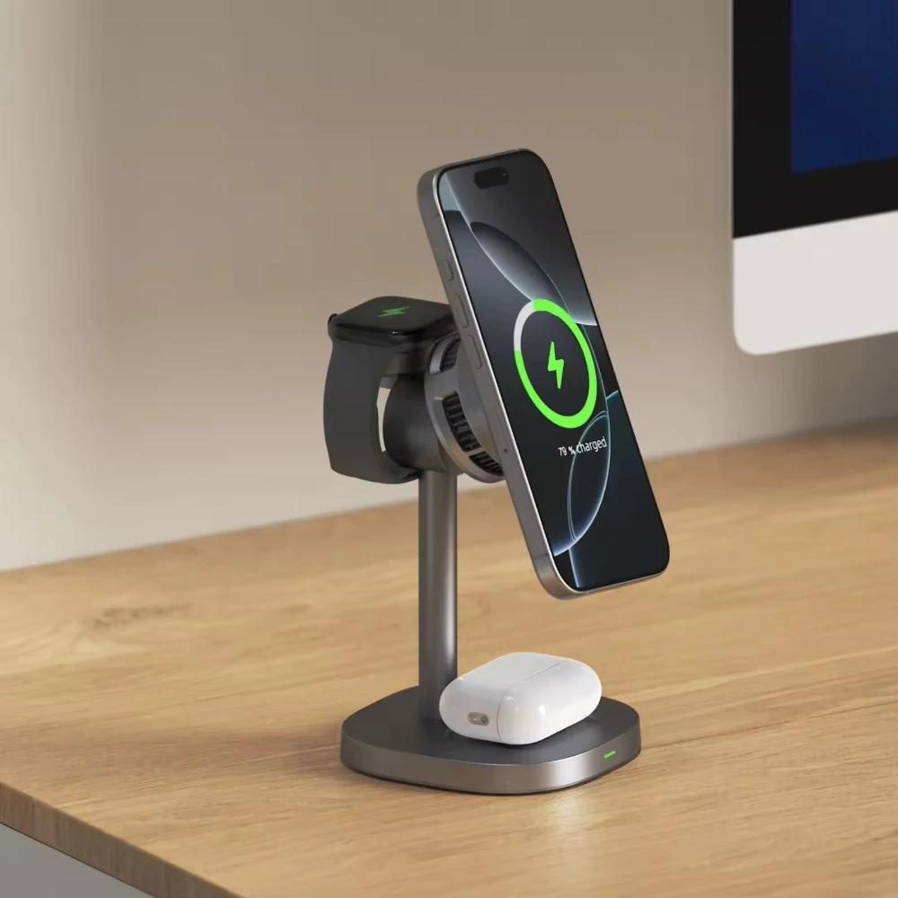 

Полупроводниковое охлаждающее магнитное беспроводное зарядное устройство TEC, станция 3-в-1 с регулируемой зарядной головкой для серии Apple