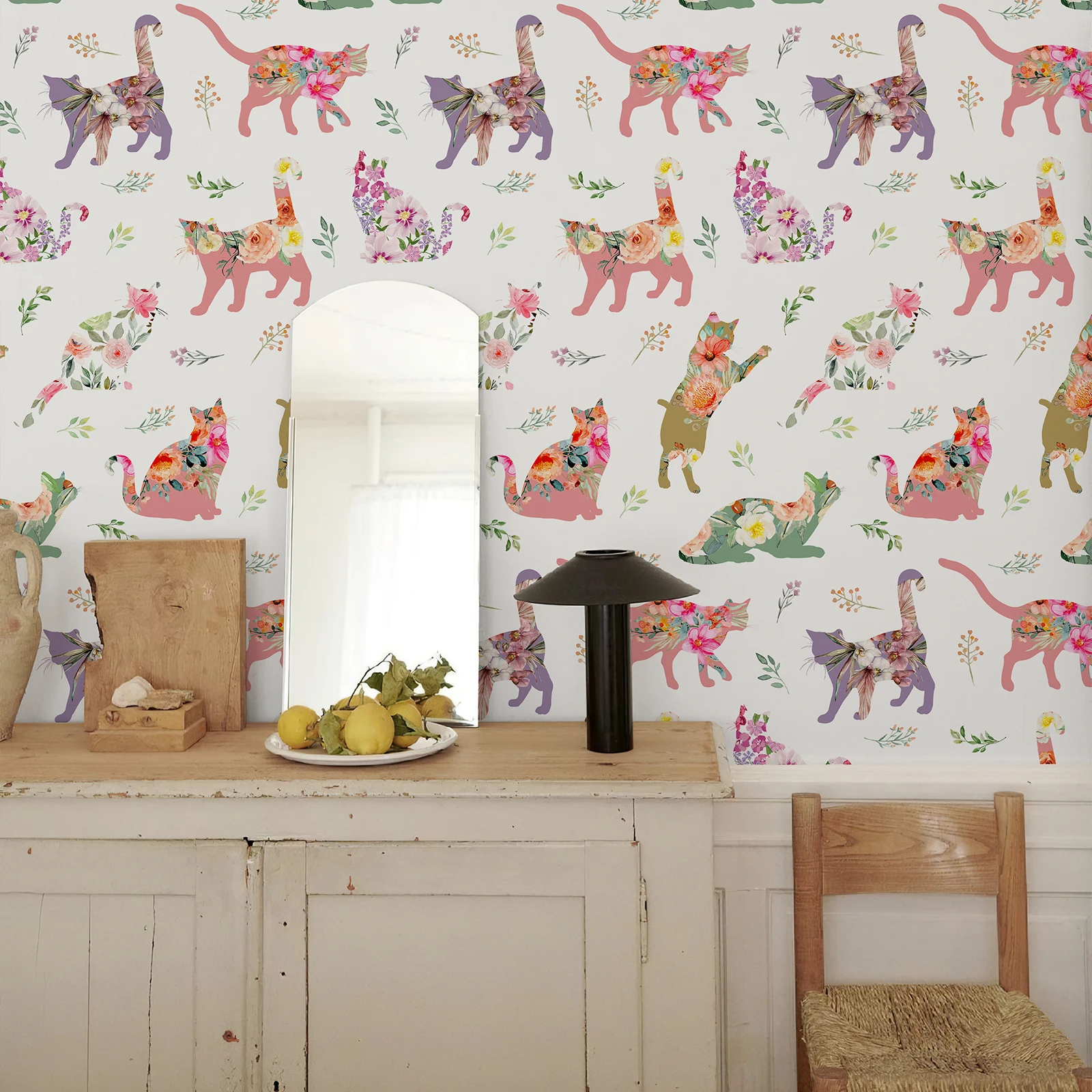 Cute Pink Cat Floral Wallpaper Chic Peel And Stick Cartoon Wall Decoration Elegant Self Adhesive Waterproof Cabinet Sticker