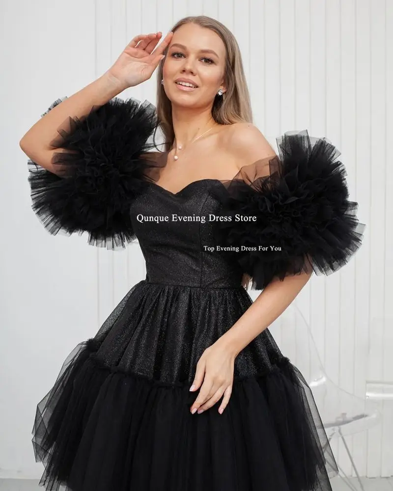 Qunque Black Beauty Elegant Party Dress Sweetheart Above Knee Prom Dresses Women Puff Sleeves Glitter Cocktail Gowns Customized