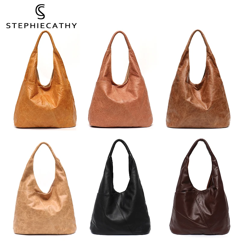 SC Single Handle Over Shoulder Hobo Bag Women Retro Leather Soft Multi Pockets Large Capacity Handbag Vintage Style Snap button