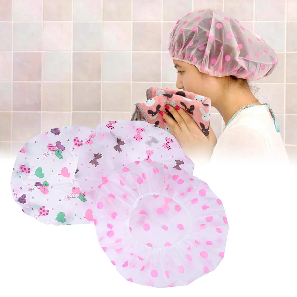 

3Pcs Waterproof Bathing Caps Plastic Shower Hat with Elastic Band for Women Girls Hair Dry Keeper for Shower Spa