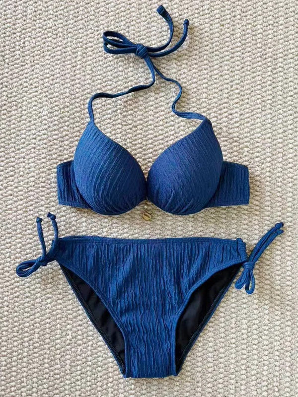 

Сексуальный синий стальной купальник-бикини из двух частей для пляжного отдыха, женский, для небольшой груди, с эффектом пуш-ап, для летнего пляжного отпуска