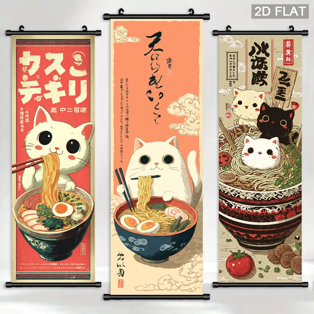 VIKAMA Cartoon Kitten Ramen Scroll Tapestry, Cute Japanese Cat Noodles Wall Hanging, Anime Poster for Kitchen Dining Room Decor