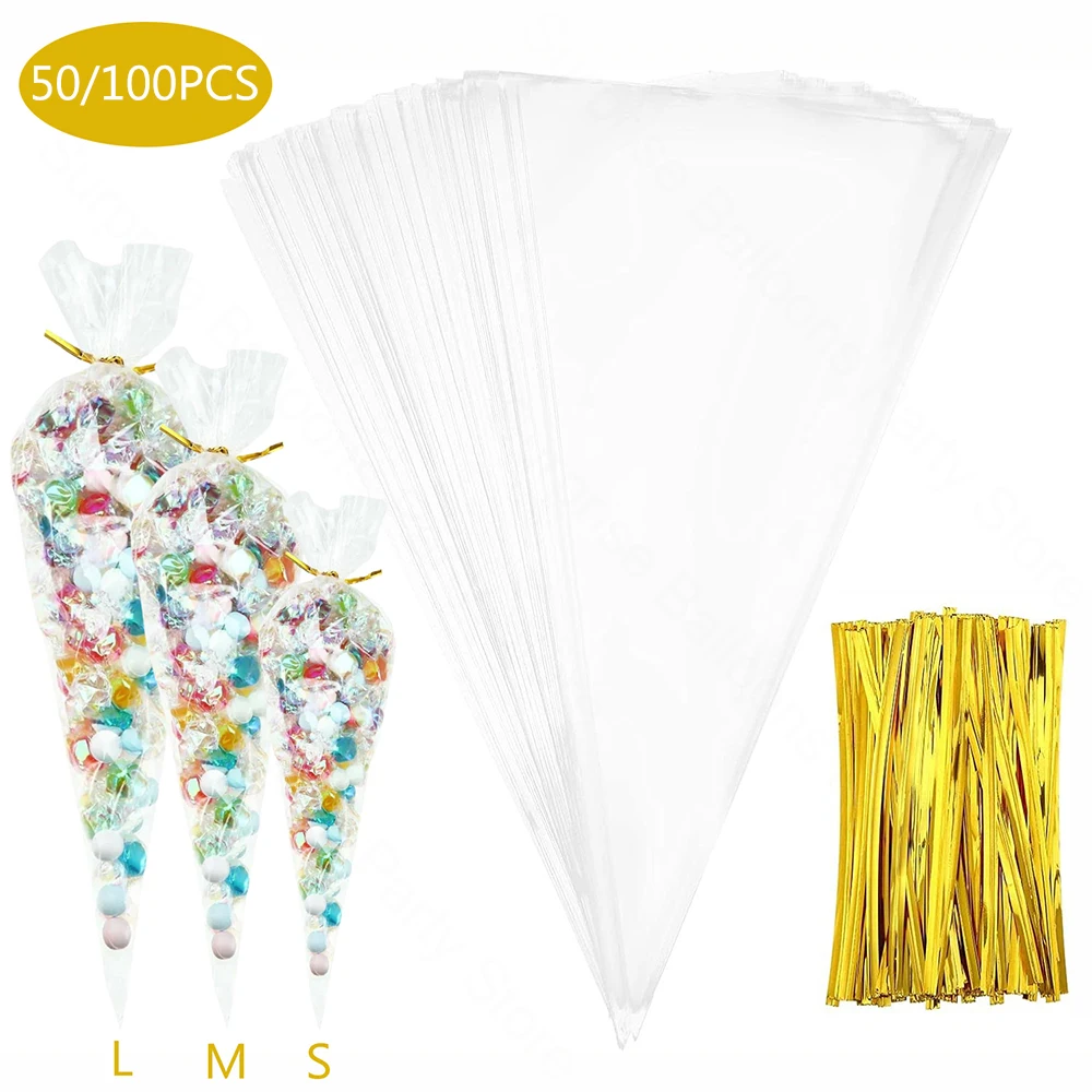 50/100 Uds. Bolsas de regalo de cono, bolsas de dulces de cono transparente con lazos giratorios, bolsas de regalo de celofán para palomitas de maíz, bolsa de recuerdos para fiesta de Baby Shower