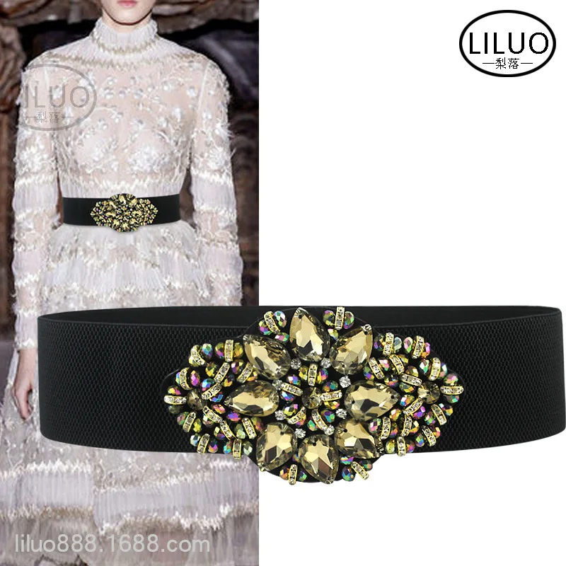 2023 Women Luxury Fashion Crystal Stone Belt Waist New Set Dress Accessories Elastic Decoration Green Bright Suitable 65-92cm