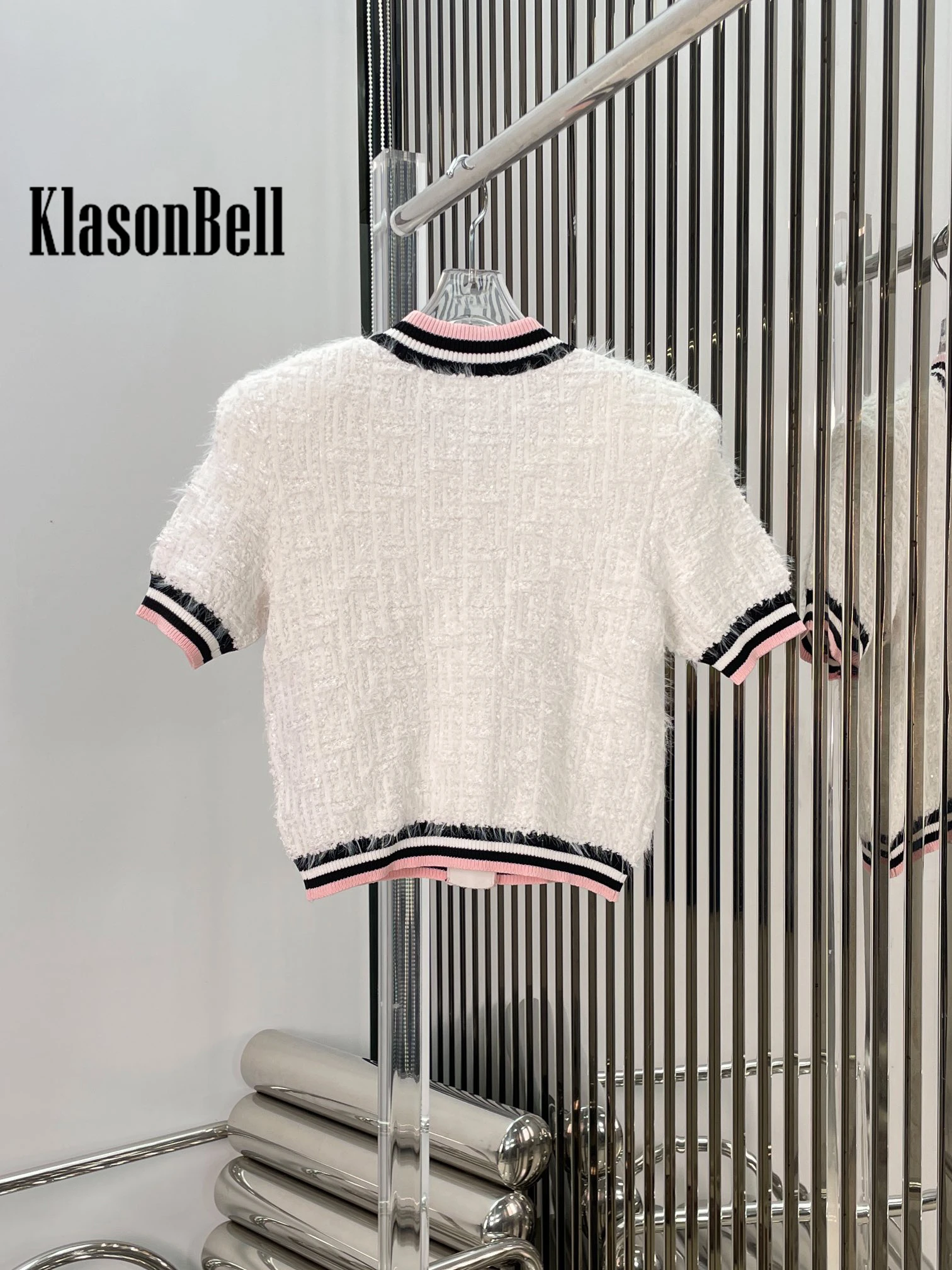 6.14 KlasonBell Women Elegant Sweet Striped Gold Button Short Sleeve Knit Cardigan Top Or Package Hip Short Skirt Set