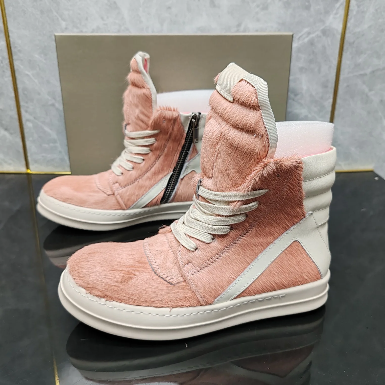 Round Owens horse hair inverted triangle high-top zipper men's shoes pink Harajuku style couple shoes high-end customization.