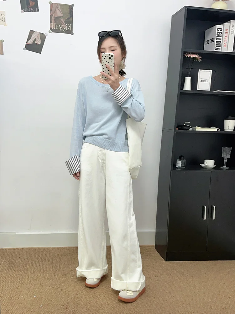 

Женские джинсы с высокой талией и широкими штанинами, весна-осень, новые, свободные, стройнящие, струящиеся, длинные брюки, повседневные, из хлопкового стрейч-денима