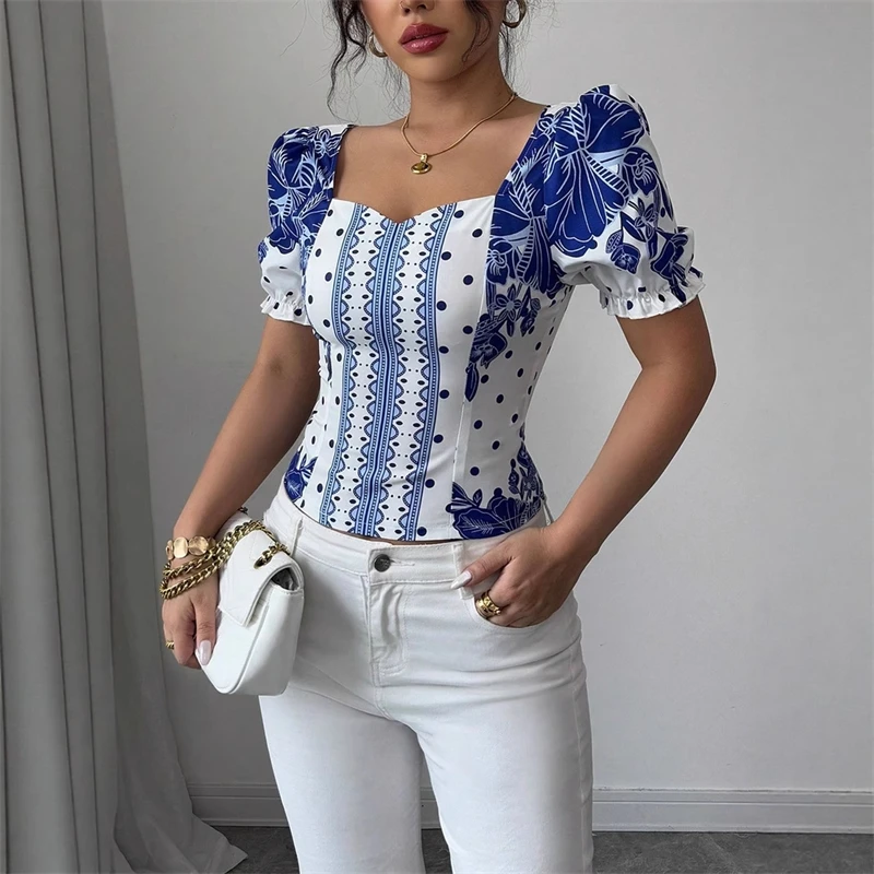 

Женская укороченная рубашка с коротким рукавом, модный принт, летние повседневные топы, блузка, дышащая стильная повседневная одежда