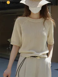 HanOrange 2024 Summer Simple Imitation Linen O-Neck Knitwear Sweater Women Cool Short Sleeve Top Yellow Green/Beige Apricot