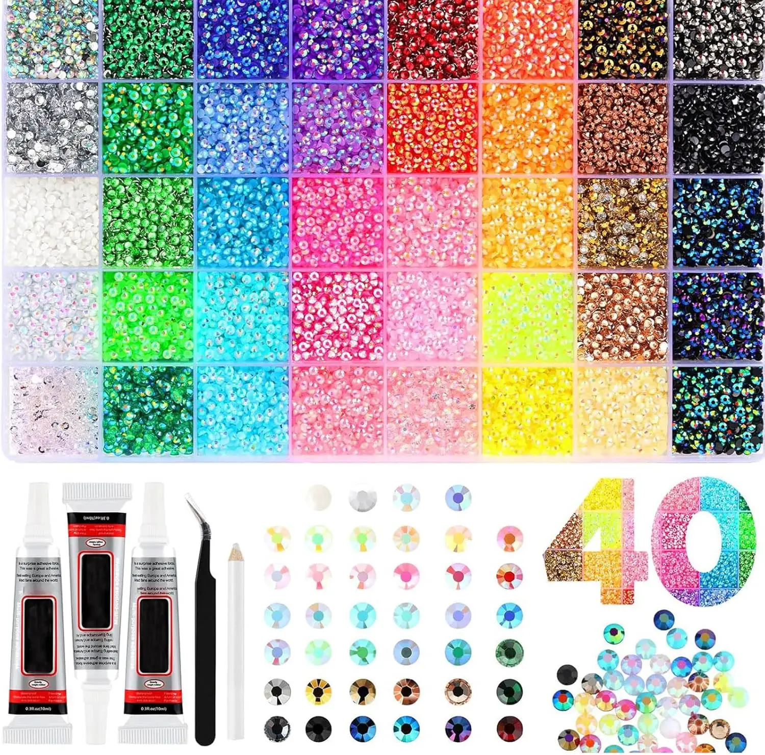 

Colorful DIY Resin Rhinestone Kit Multicolor 3mm Flatback Gems with Tools and Glue for Nail Art Clothing Phone Cases Crafts