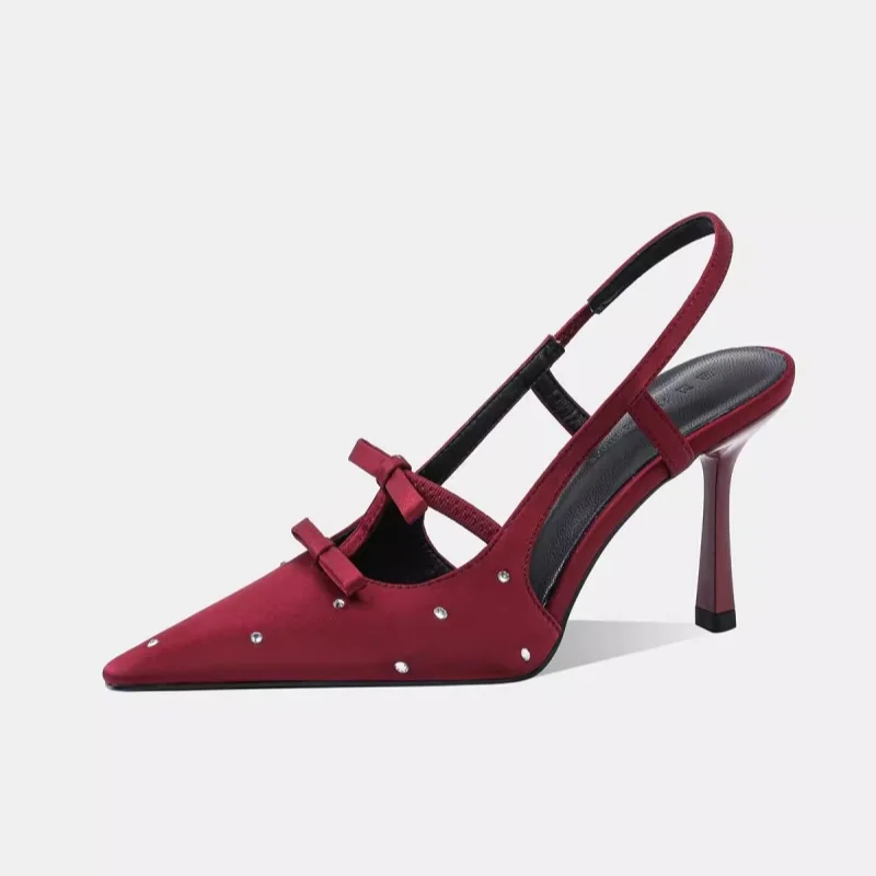 

Весенне-летние новые остроконечные туфли из неглубокого шелка со стразами и бантом, туфли на высоком каблуке, банкетное платье, женские сандалии небольшого размера