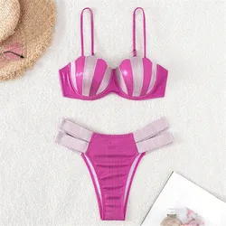 Rose Red Shiny Shell Push Up Bikinis Sets String Micro Thong Sexy Swimsuits Women 2025 Underwire Swimwear Bather Bikini Mujer