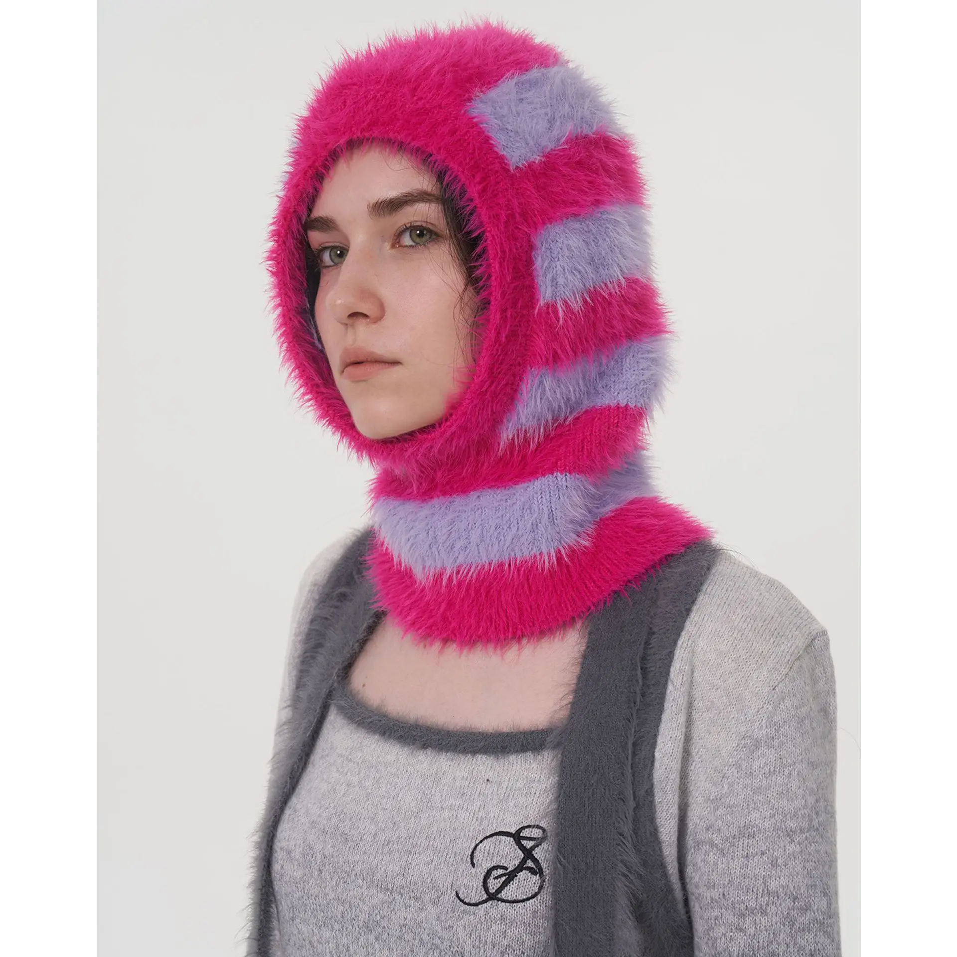 Women's Knitted Balaclava Ski Mask Double Stripe Faux Mink Fur Beanie Hat Winter Warm Outdoor Cycling