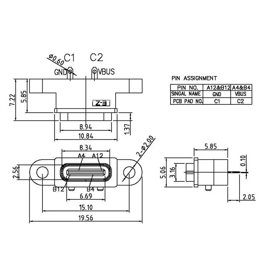 YuXi 1pc Type C 2Pin Waterproof Female USB C Socket Port With Screw Hole Fast Charge Charging Interface 180 Degree USB Connector