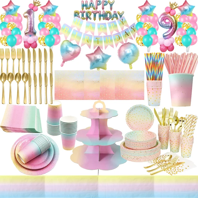 Tęczowe tłoczenie na gorąco Dekoracje urodzinowe Jednorazowa zastawa stołowa Serwetki Papierowy kubek Słomka Kild's Baby Shower Party Supplies